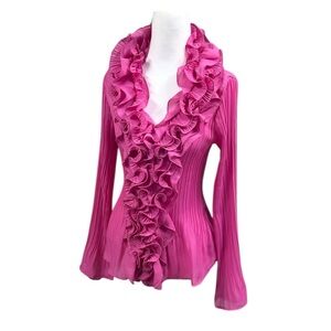 Cathaya Exaggerated Ruffle Button Up Accordion Pleat Long Sleeve Blouse Sz M